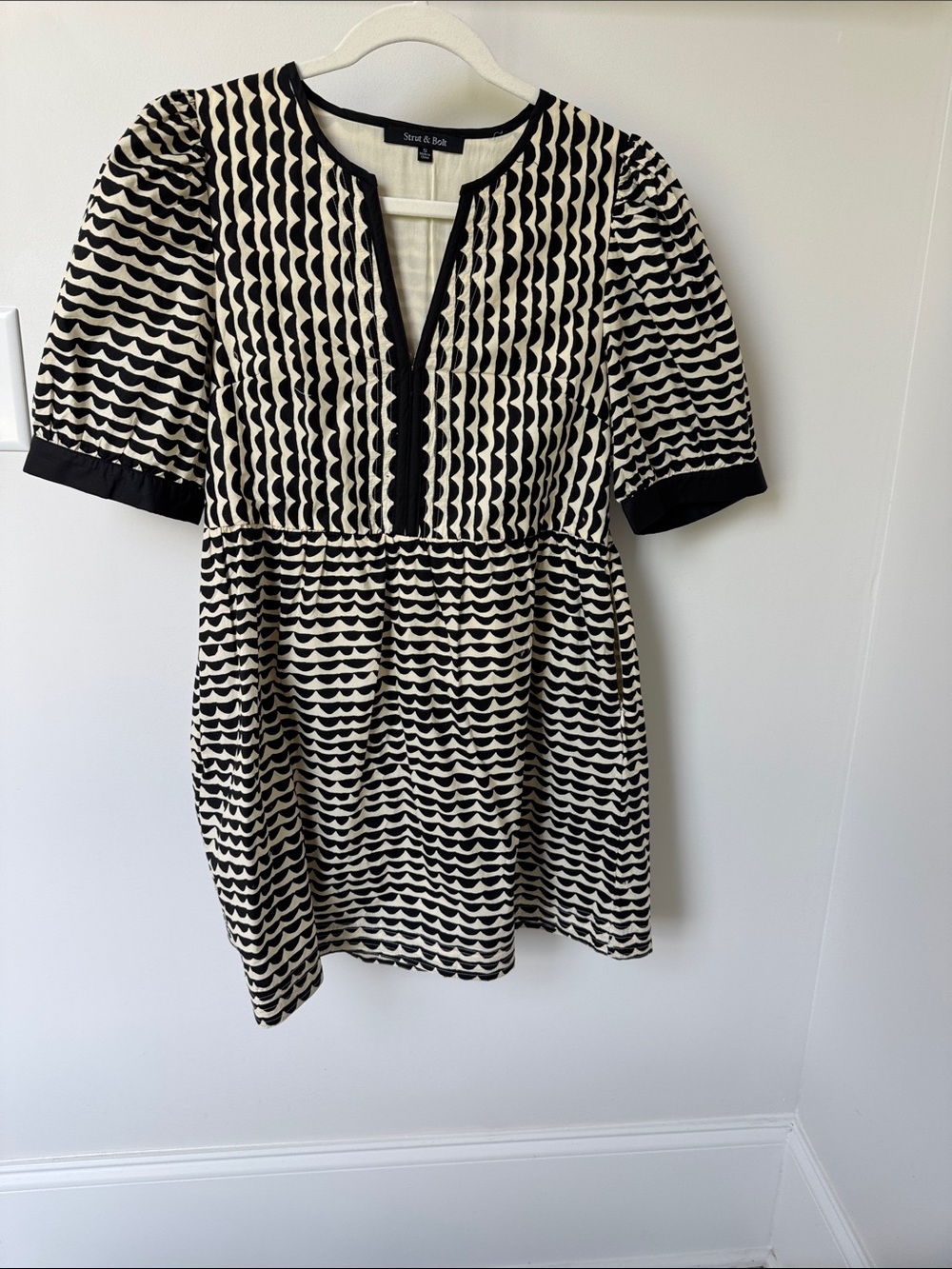 Strut and Bolt  Black & Cream Scallop-Pattern Mini Dress